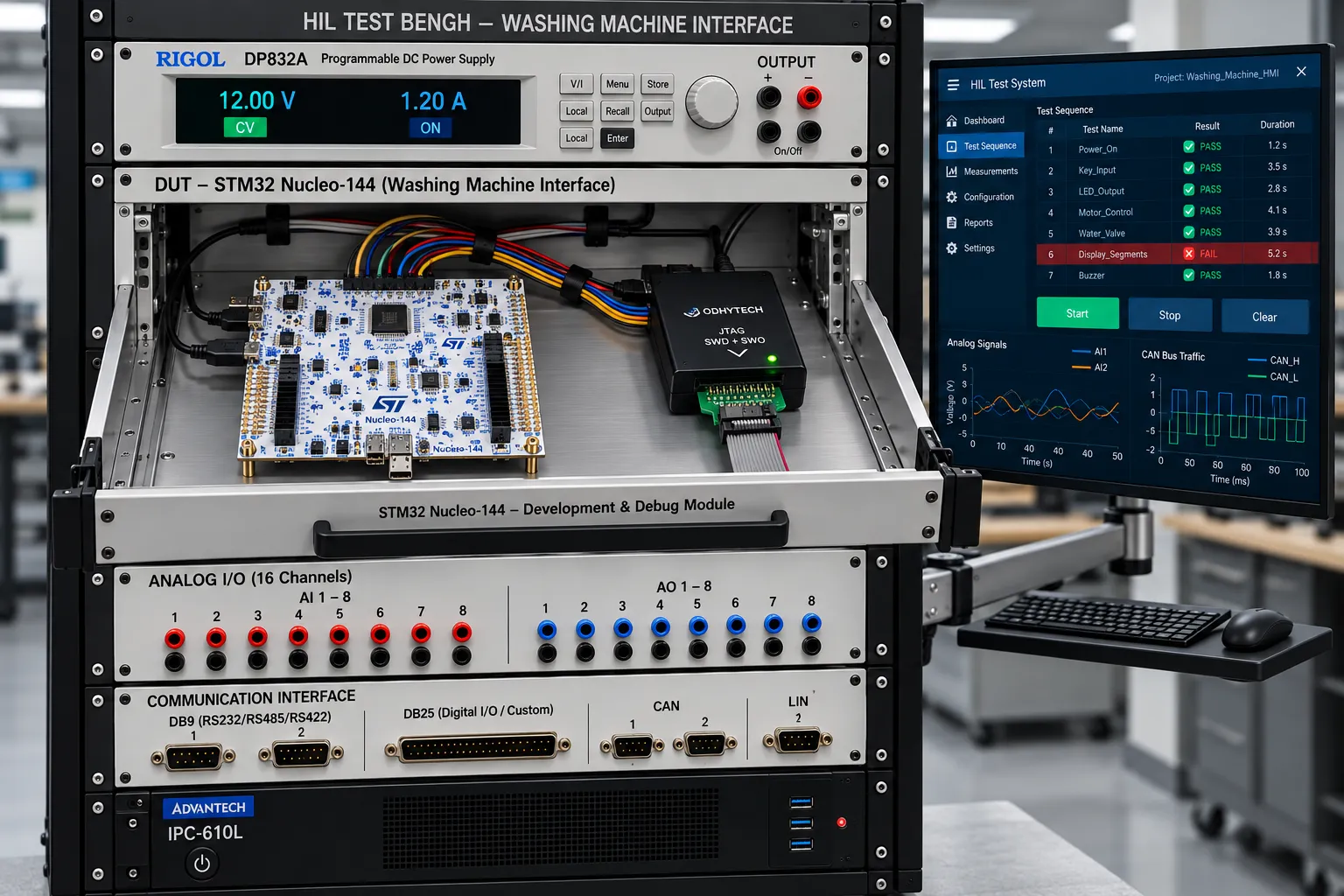 Hardware-in-the-loop test bench for a washing-machine controller: instrument racks with I/O panels and monitoring screens